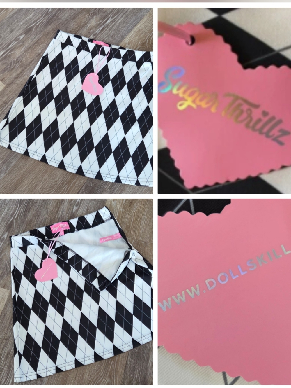 Sugar Thrillz Dolls Kill Jeepin Around Black White Argyle Mini Skirt NWT Plaid - Picture 1 of 10